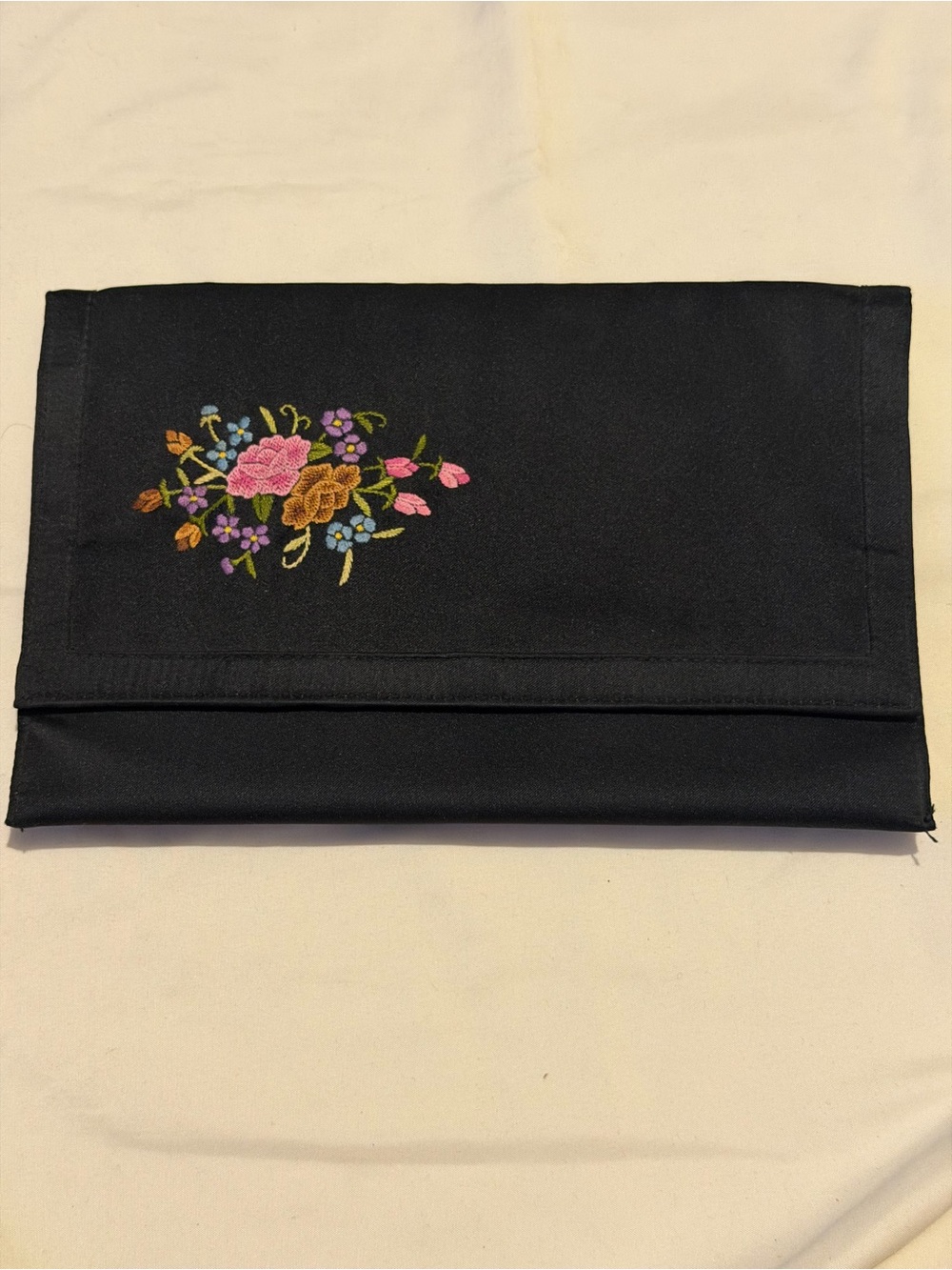 Walborg Black Fold-Over Clutch with Multicolor Floral Embroidery